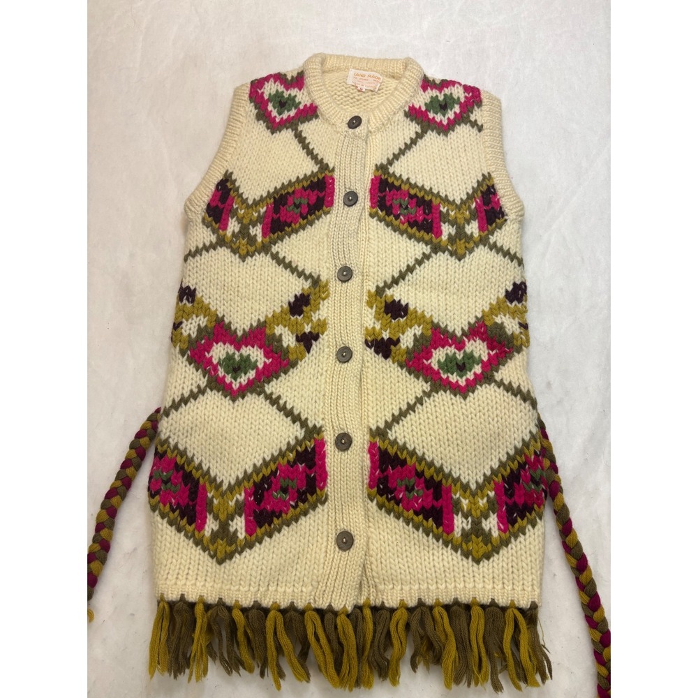 Handmade Pure‎ Wool Vest Cream Geometric Pattern Fringe Braided Tie M